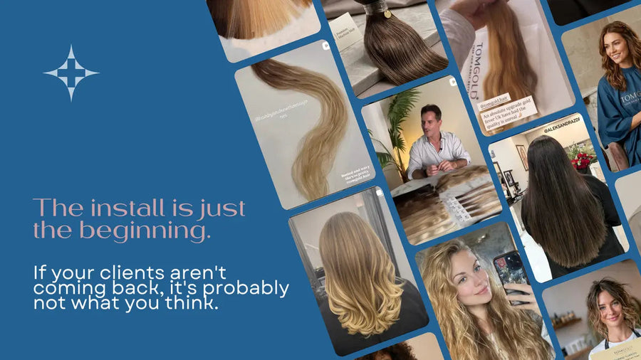 A mosaic of hair extension clients and results by Tom Gold Hair, illustrating why client retention matters for extension stylists